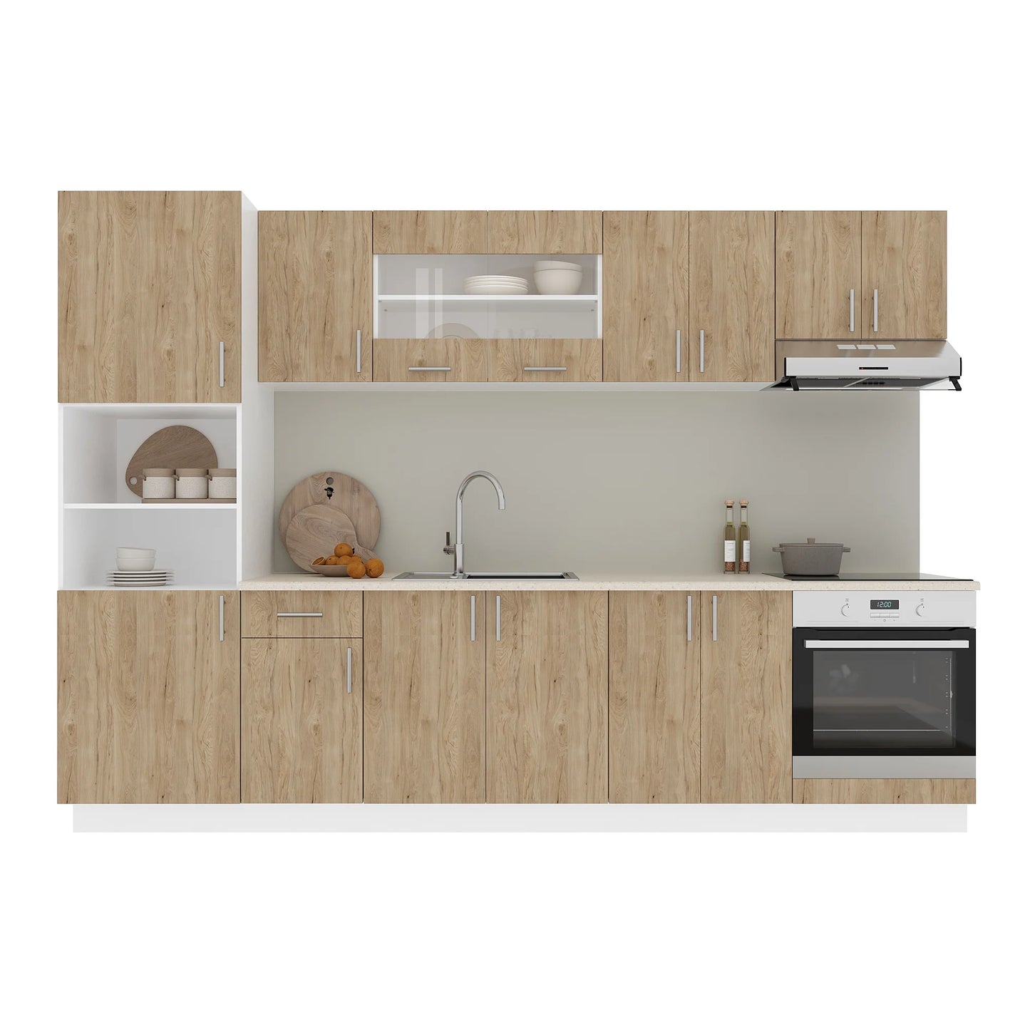 Set Bucatarie haaus Karo V27, Lemn Natural/Alb, Blat Thermo 28 mm, L 300 cm