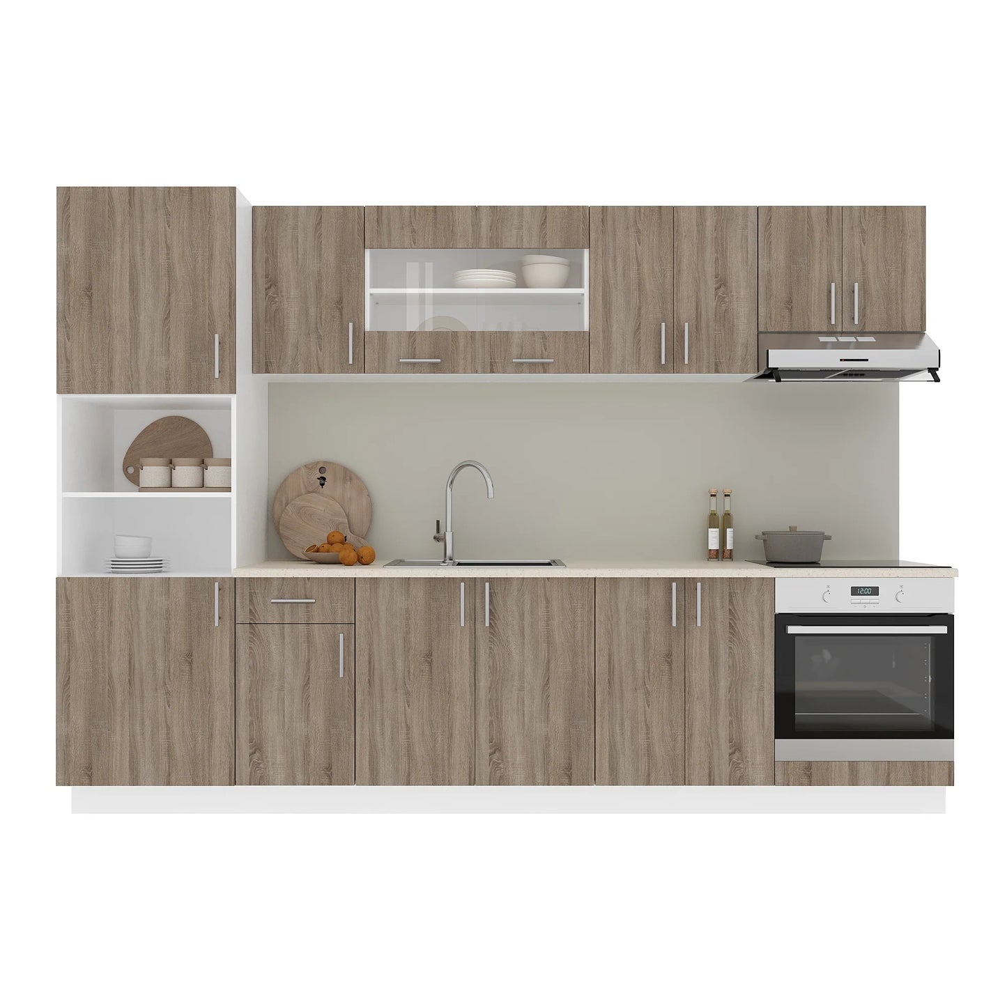 Set Bucatarie haaus Karo V27, Stejar Sonoma Inchis/Alb, Blat Thermo 28 mm, L 300 cm