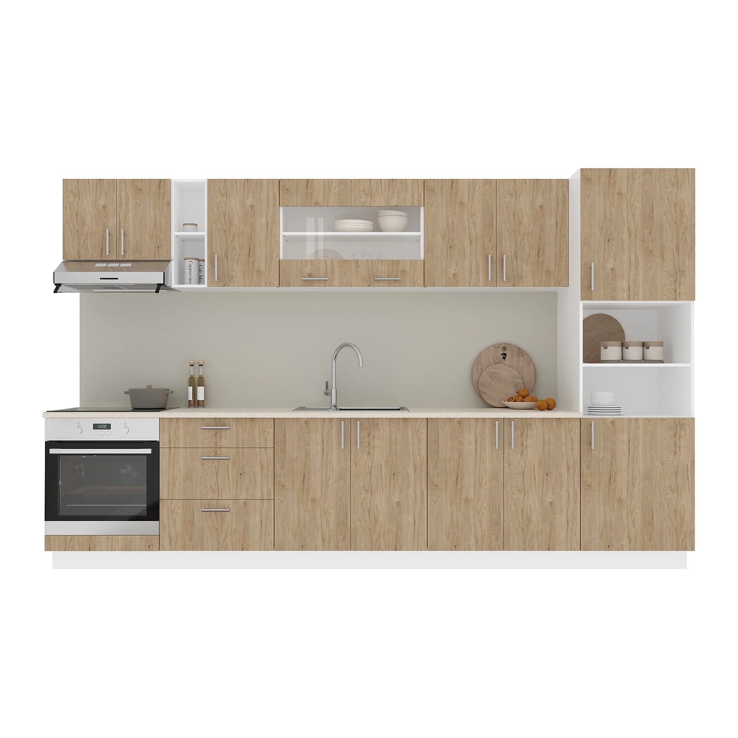Set Bucatarie haaus Karo V31, Lemn Natural/Alb, Blat Thermo 28 mm, L 340 cm