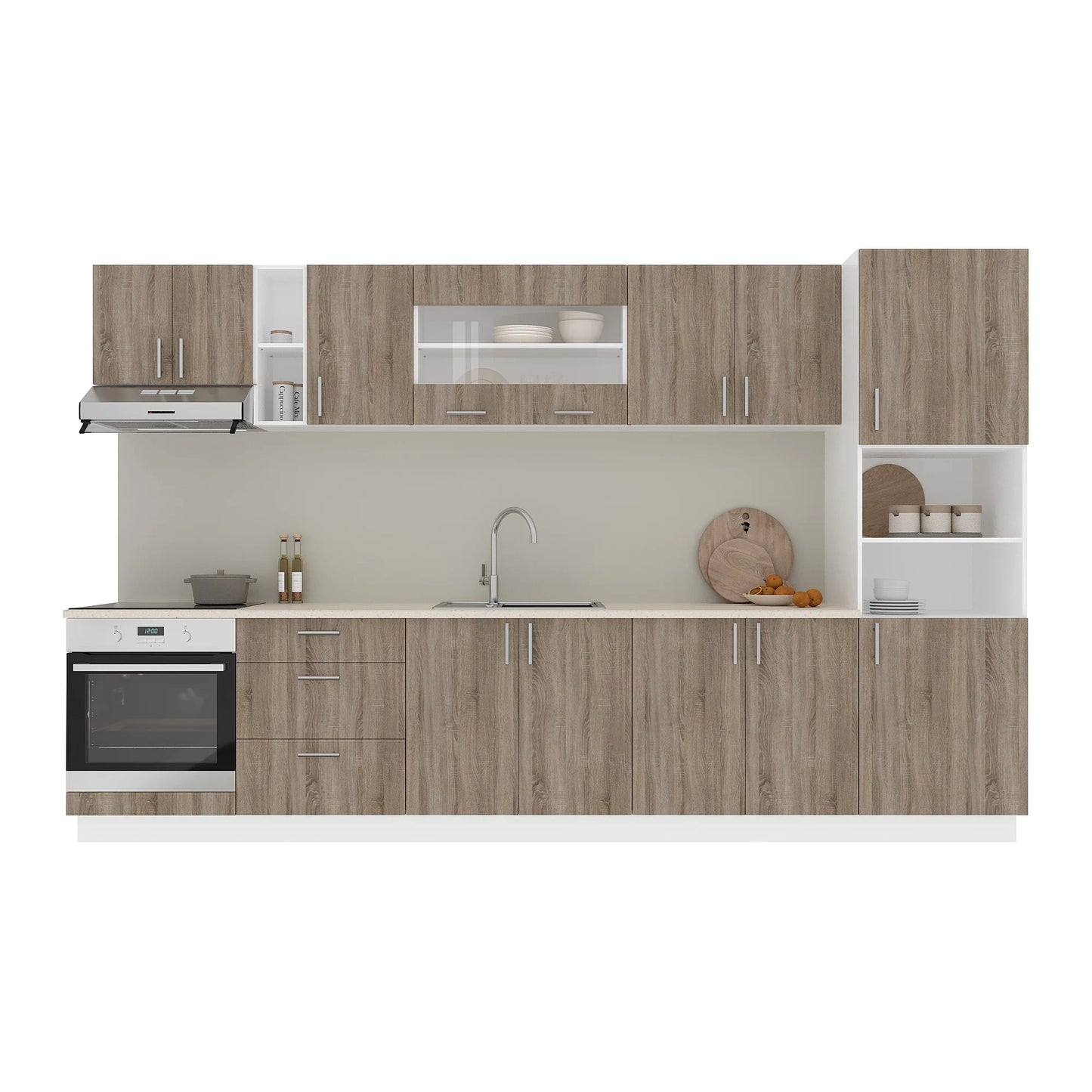 Set Bucatarie haaus Karo V31, Stejar Sonoma Inchis/Alb, Blat Thermo 28 mm, L 340 cm