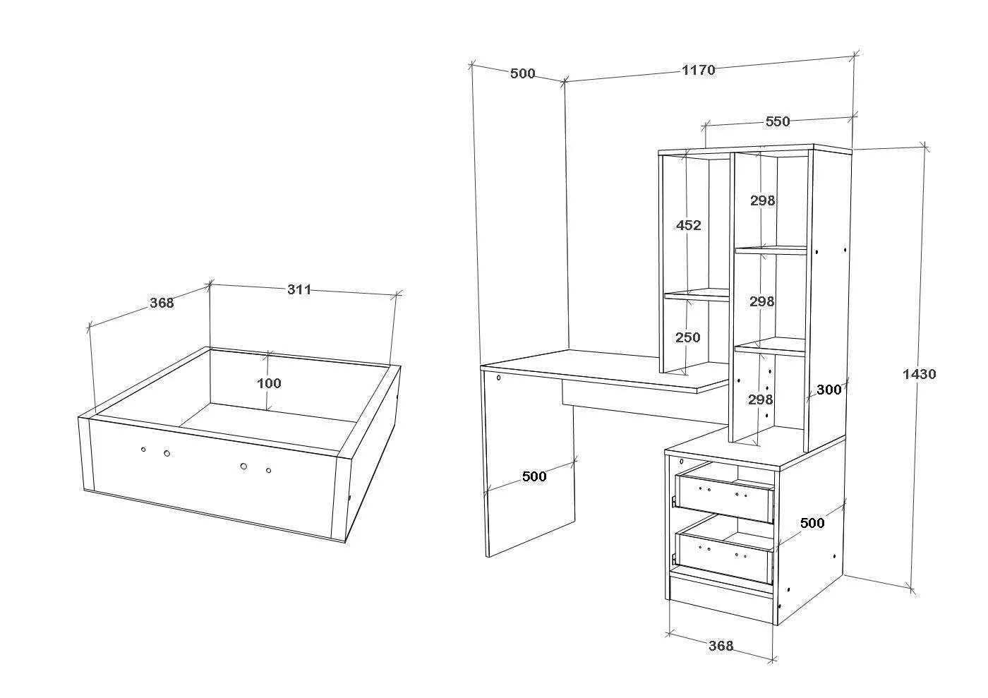 Birou haaus Kobe, 2 Sertare, 3 Rafturi, Alb, 117 x 50 x 143 cm
