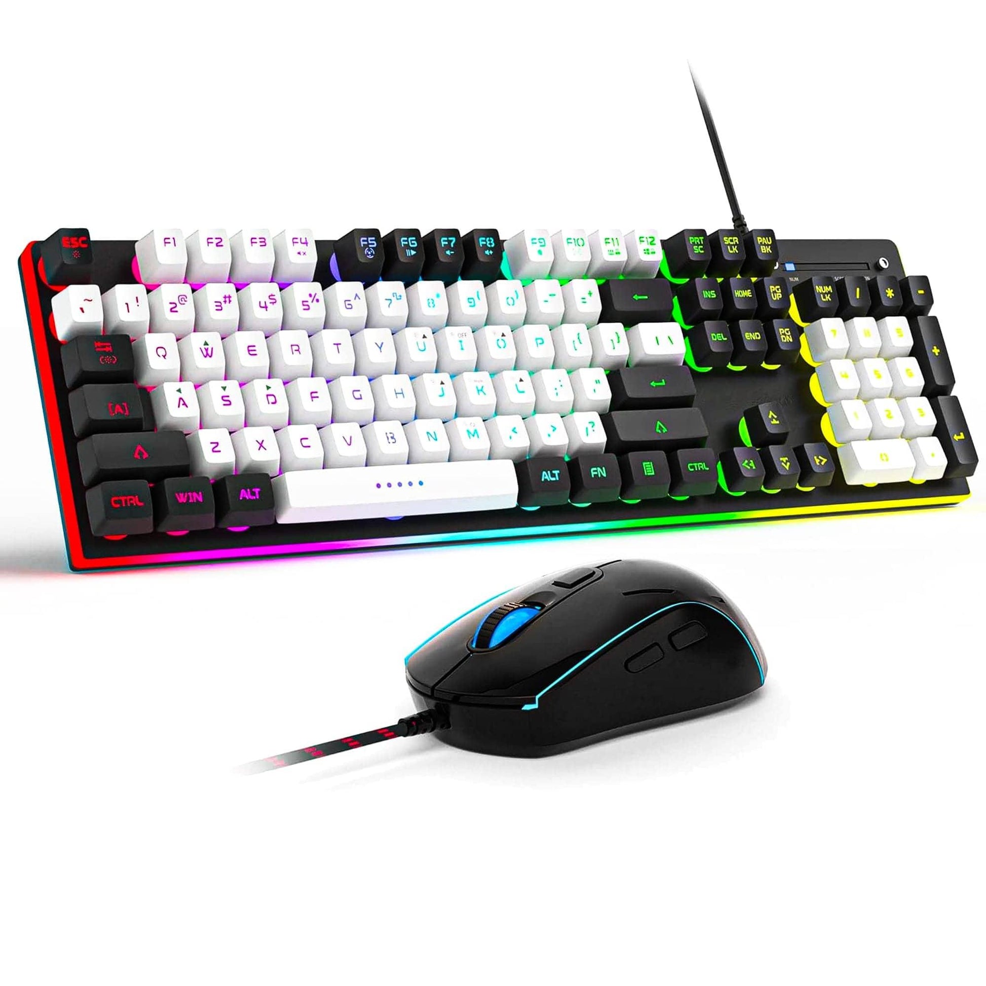 Kit Tastatura, Mouse Gaming, Timebox, RGB, 104 taste, cu fir, 7 culori si moduri de iluminare, Design Ergonomic, Baza metalica, Compatibila Windwos, Negru - 221.ro