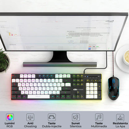 Kit Tastatura, Mouse Gaming, Timebox, RGB, 104 taste, cu fir, 7 culori si moduri de iluminare, Design Ergonomic, Baza metalica, Compatibila Windwos, Negru - 221.ro