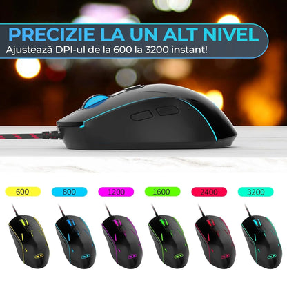 Kit Tastatura, Mouse Gaming, Timebox, RGB, 104 taste, cu fir, 7 culori si moduri de iluminare, Design Ergonomic, Baza metalica, Compatibila Windwos, Negru - 221.ro