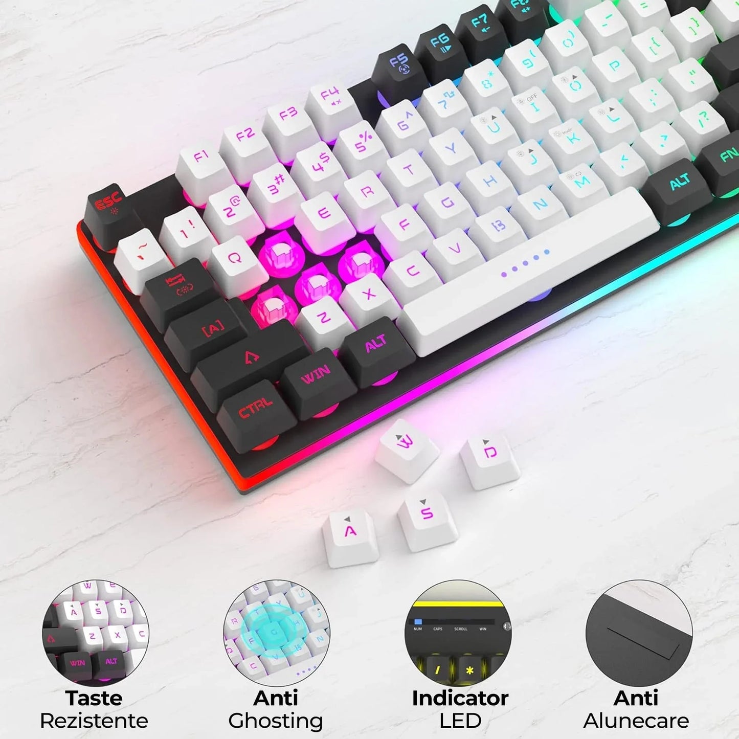 Kit Tastatura, Mouse Gaming, Timebox, RGB, 104 taste, cu fir, 7 culori si moduri de iluminare, Design Ergonomic, Baza metalica, Compatibila Windwos, Negru - 221.ro