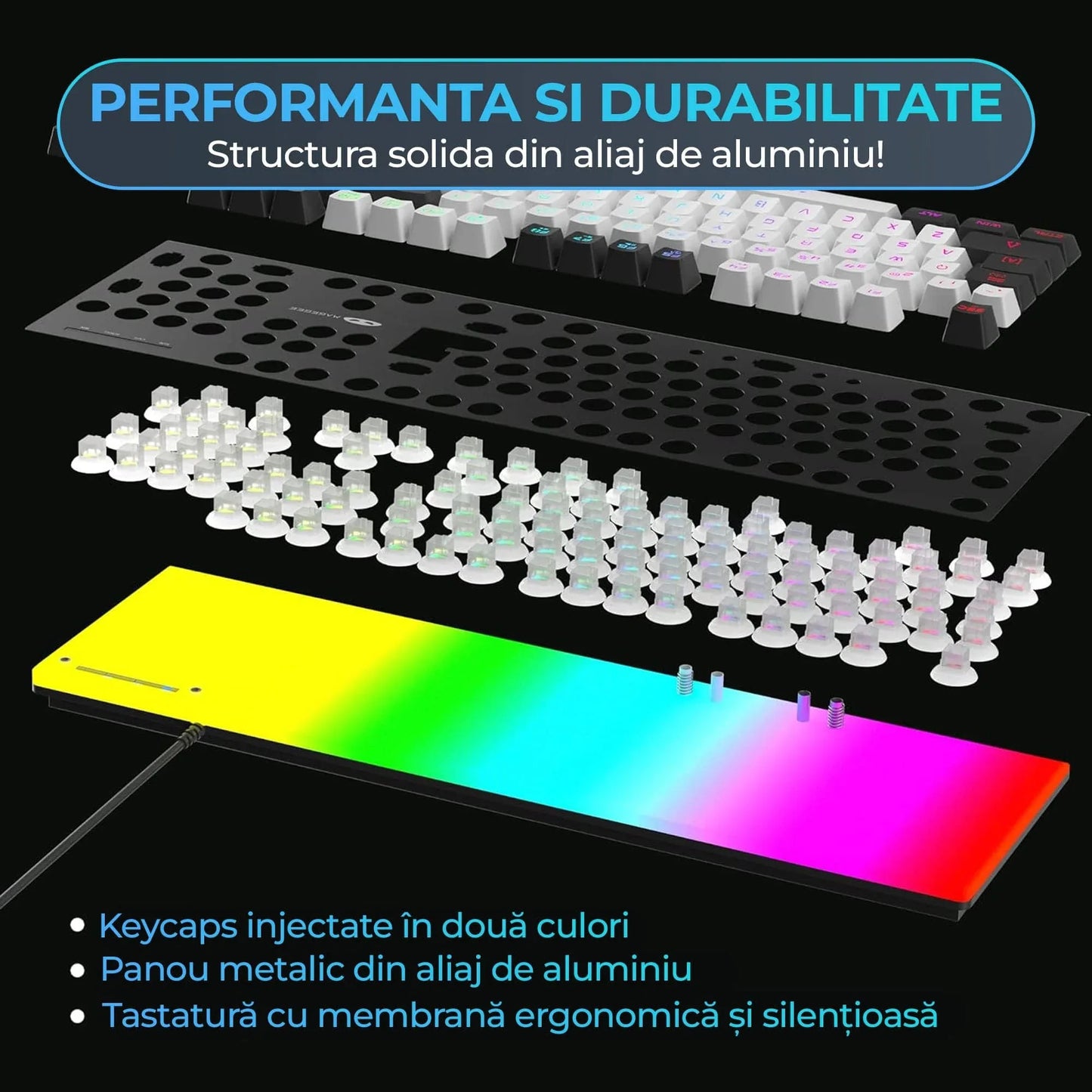 Kit Tastatura, Mouse Gaming, Timebox, RGB, 104 taste, cu fir, 7 culori si moduri de iluminare, Design Ergonomic, Baza metalica, Compatibila Windwos, Negru - 221.ro