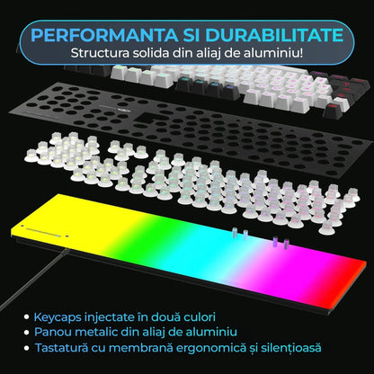 Kit Tastatura, Mouse Gaming, Timebox, RGB, 104 taste, cu fir, 7 culori si moduri de iluminare, Design Ergonomic, Baza metalica, Compatibila Windwos, Negru - 221.ro