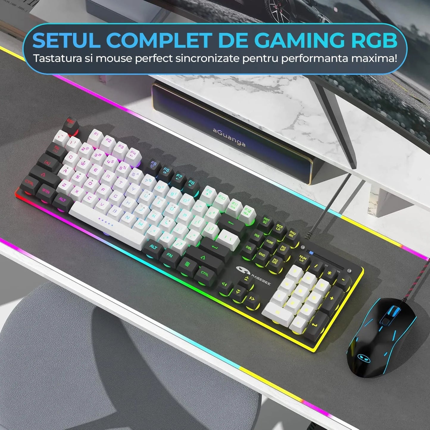 Kit Tastatura, Mouse Gaming, Timebox, RGB, 104 taste, cu fir, 7 culori si moduri de iluminare, Design Ergonomic, Baza metalica, Compatibila Windwos, Negru - 221.ro