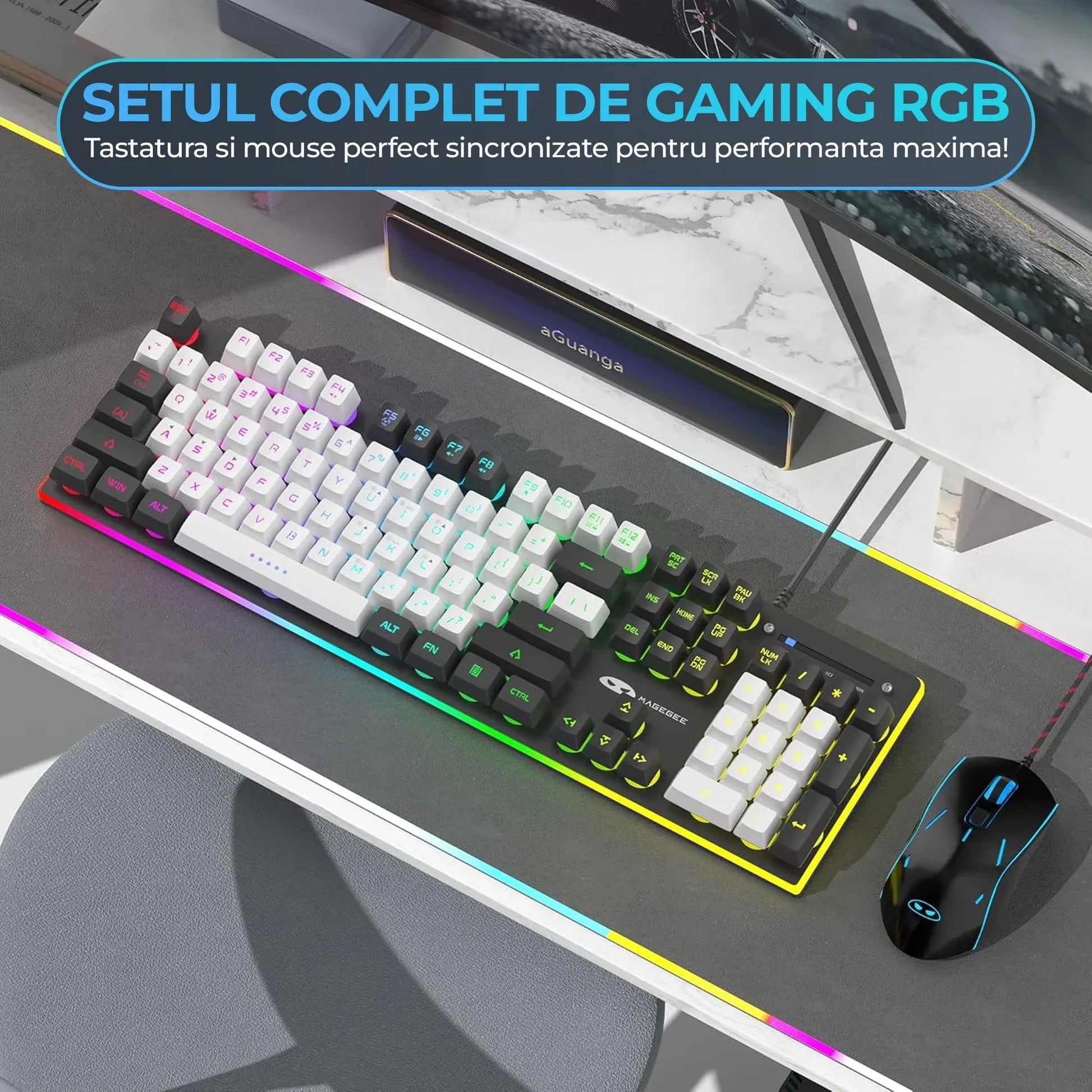 Kit Tastatura, Mouse Gaming, Timebox, RGB, 104 taste, cu fir, 7 culori si moduri de iluminare, Design Ergonomic, Baza metalica, Compatibila Windwos, Negru - 221.ro