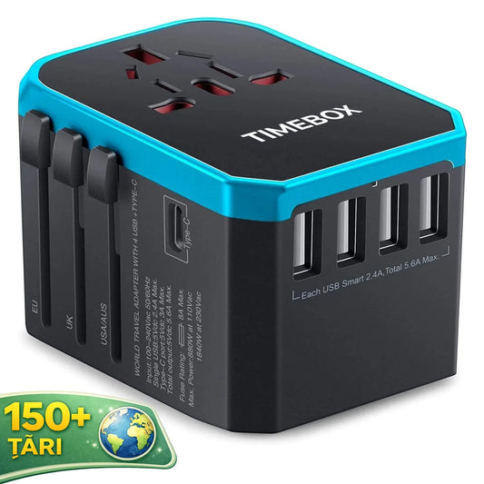 Adaptor incarcator universal priza de calatorie, 4 x USB, 1 x Type-C, Albastru
