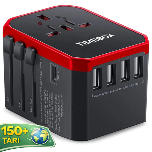 Adaptor incarcator universal priza de calatorie, 4 x USB, 1 x Type-C, Rosu