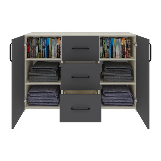 Comoda haaus Malmo, 3 Sertare, 2 Usi, Stejar Alb/Antracit, 120 x 42 x 80 cm