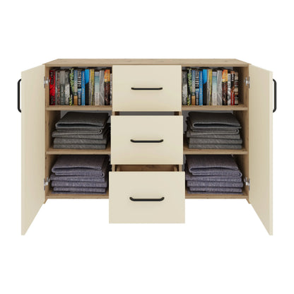 Comoda haaus Malmo, 3 Sertare, 2 Usi, Stejar Artisan/Argila, 120 x 42 x 80 cm