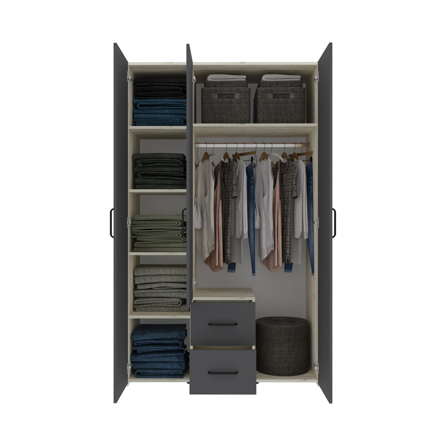 Dulap haaus Malmo, 2 Sertare, 3 Usi, cu oglinda, Stejar Alb/Antracit, 120 x 52 x 200 cm