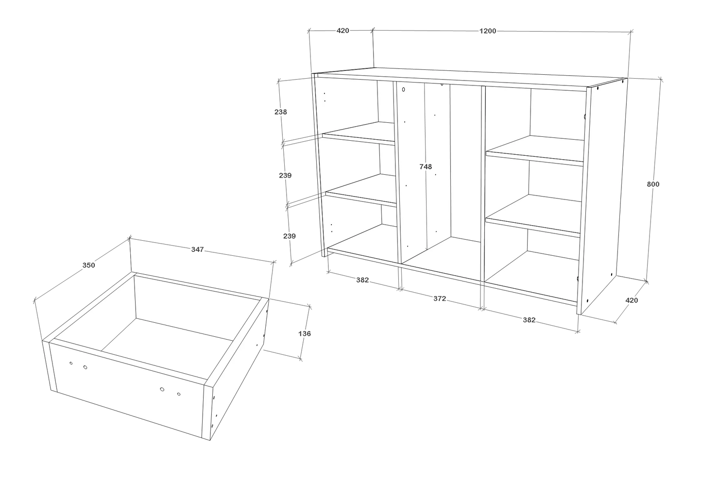 Comoda haaus Malmo, 3 Sertare, 2 Usi, Stejar Alb/Antracit, 120 x 42 x 80 cm