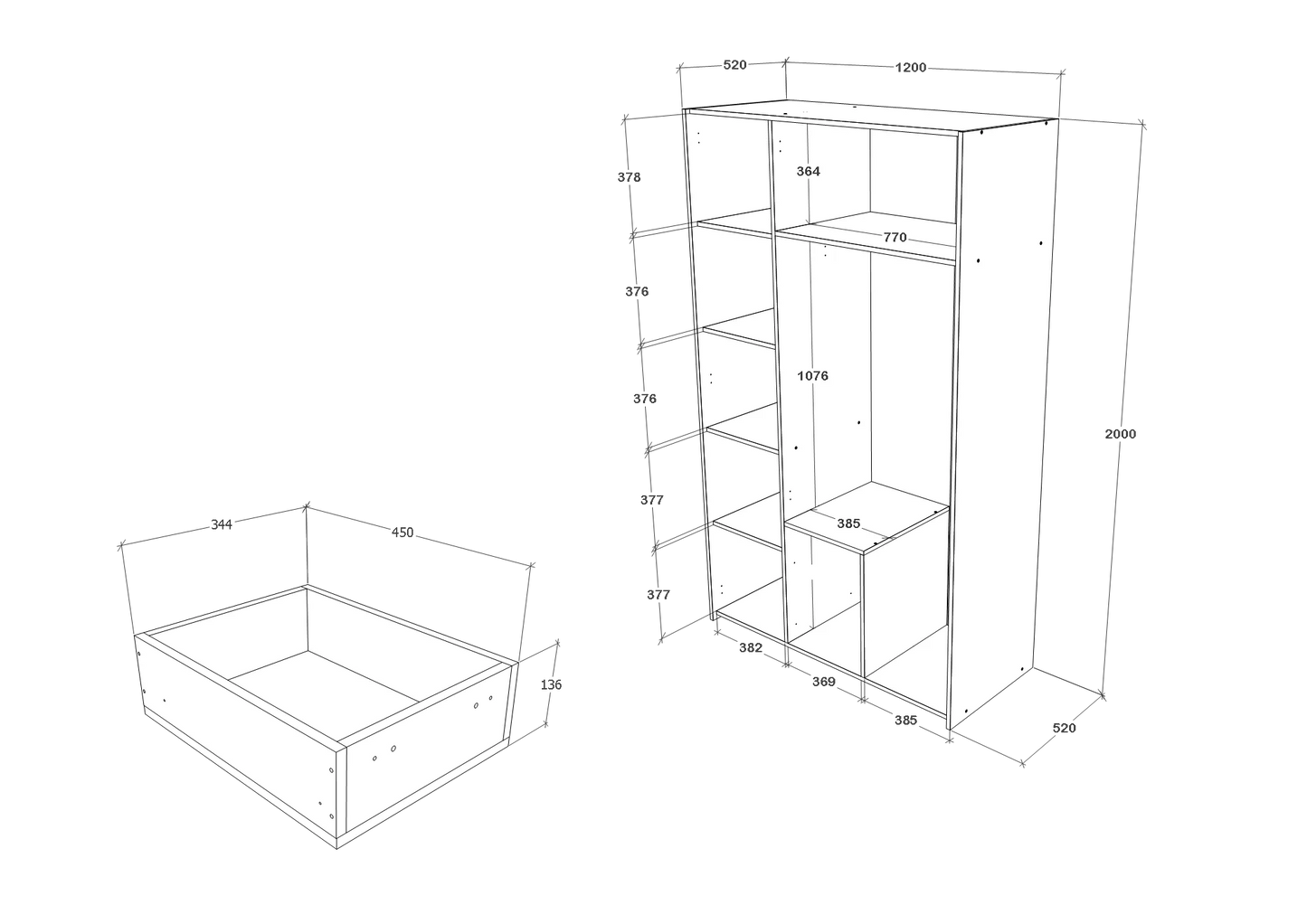 Dulap haaus Malmo, 2 Sertare, 3 Usi, cu oglinda, Stejar Alb/Antracit, 120 x 52 x 200 cm