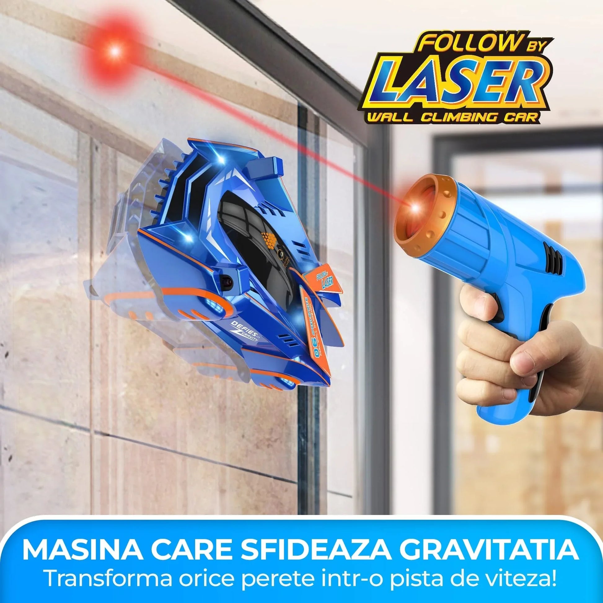 Masina cu telecomanda Anti Gravitationala RC Car, Merge pe Pereti, Control Pistol cu Laser, Acumulator cu Incarcare USB, Pentru copii +6 ani, Albastru - 221.ro