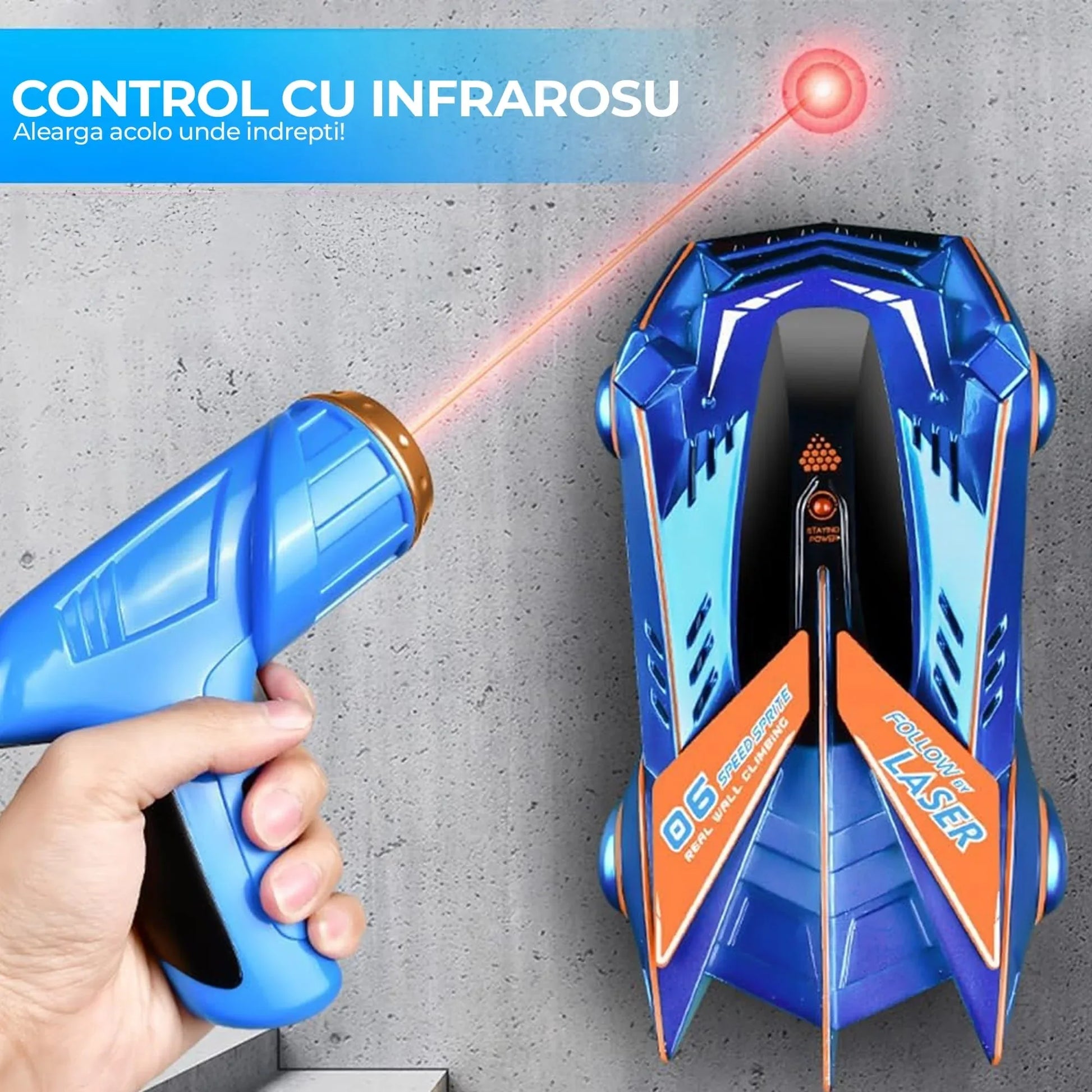 Masina cu telecomanda Anti Gravitationala RC Car, Merge pe Pereti, Control Pistol cu Laser, Acumulator cu Incarcare USB, Pentru copii +6 ani, Albastru - 221.ro