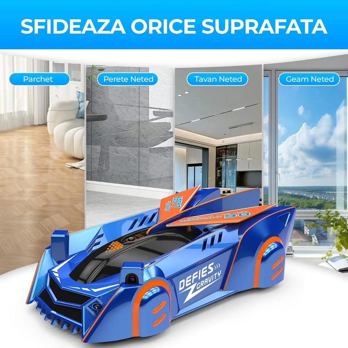 Masina cu telecomanda Anti Gravitationala RC Car, Merge pe Pereti, Control Pistol cu Laser, Acumulator cu Incarcare USB, Pentru copii +6 ani, Albastru - 221.ro