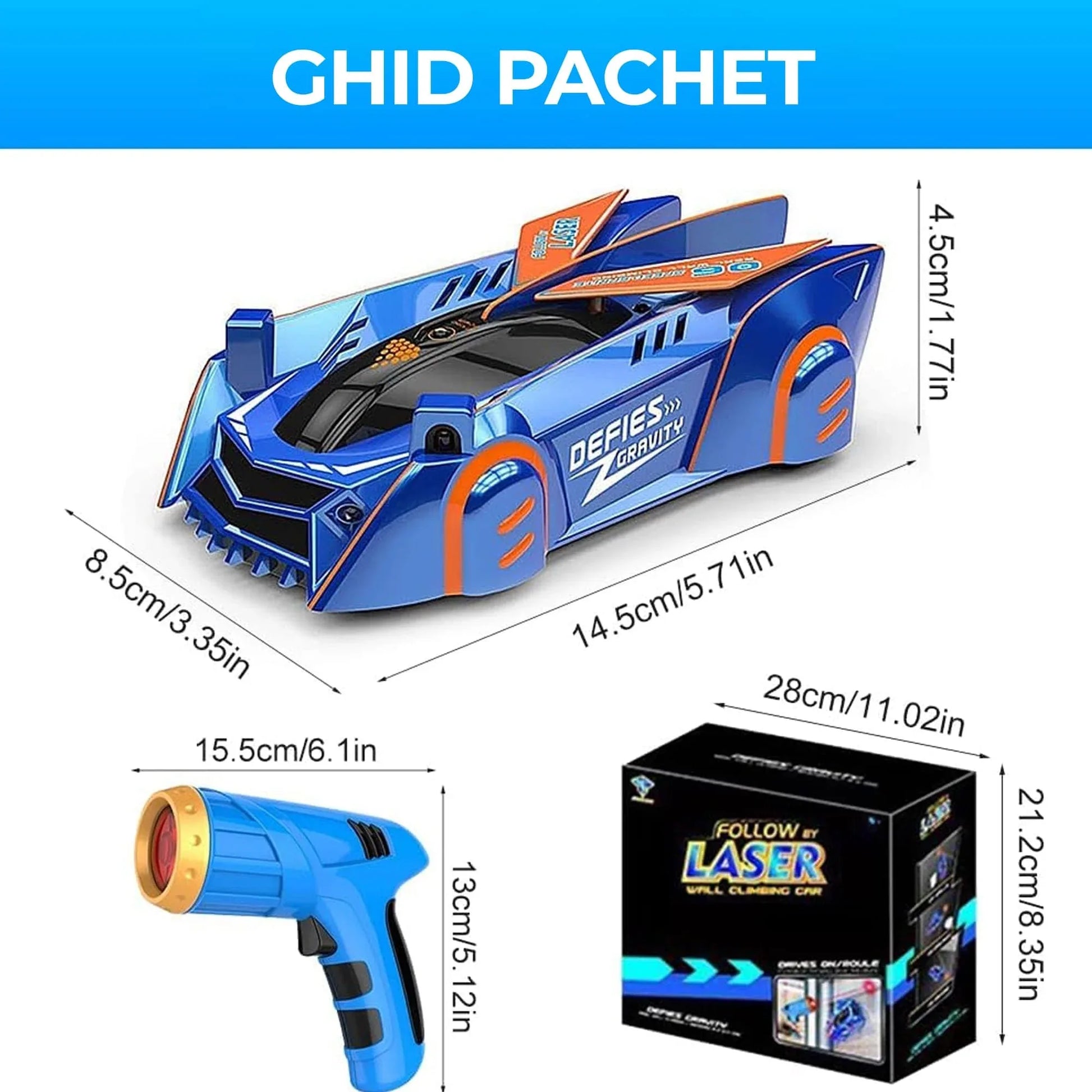 Masina cu telecomanda Anti Gravitationala RC Car, Merge pe Pereti, Control Pistol cu Laser, Acumulator cu Incarcare USB, Pentru copii +6 ani, Albastru - 221.ro