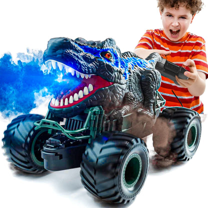 Masina cu telecomanda Dinozaur RC, Timebox cu Lumini, Sunete, Pulverizaire, 2,4Ghz, 10km/h, Offroad, 2,4Ghz 4WD, Rotire 360°, Waterproof, jucarie pentru copii 3-12 ani, 1:20, Negru/Albastru