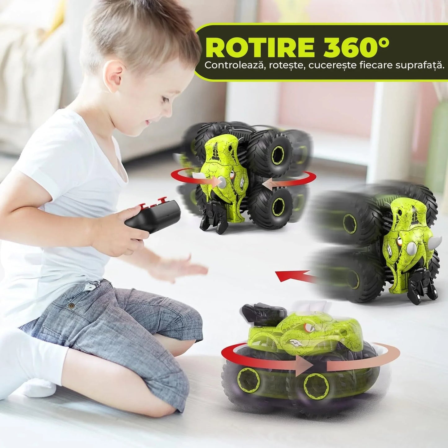 Masina cu telecomanda RC Timebox, 4x4, Dinozaur Monster Truck, lumini LED, Verde