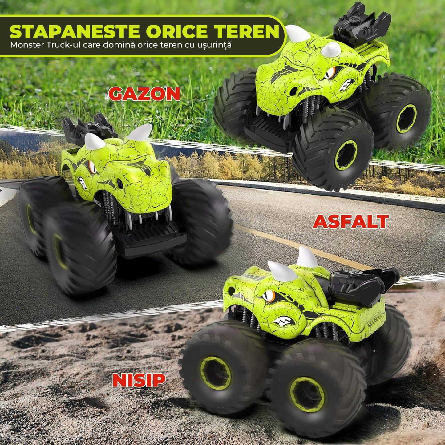 Masina cu telecomanda RC Timebox, 4x4, Dinozaur Monster Truck, lumini LED, Verde