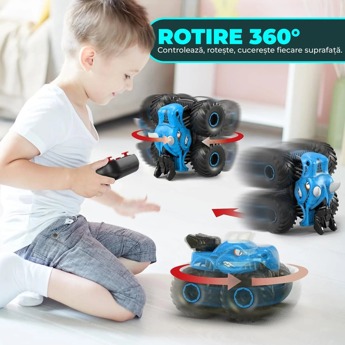 Masina cu telecomanda RC Timebox, 4x4, Dinozaur Monster Truck, Albastru