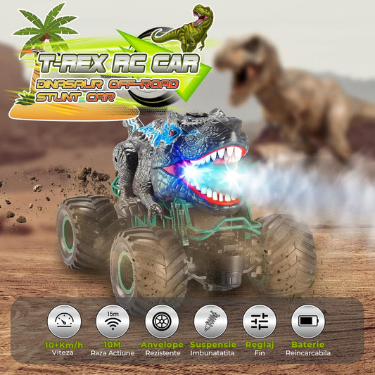 Masina cu telecomanda Dinozaur RC, Timebox cu Lumini, Sunete, Pulverizaire, 2,4Ghz, 10km/h, Offroad, 2,4Ghz 4WD, Rotire 360°, Waterproof, jucarie pentru copii 3-12 ani, 1:20, Negru/Albastru
