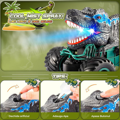 Masina cu telecomanda Dinozaur RC, Timebox cu Lumini, Sunete, Pulverizaire, 2,4Ghz, 10km/h, Offroad, 2,4Ghz 4WD, Rotire 360°, Waterproof, jucarie pentru copii 3-12 ani, 1:20, Negru/Albastru