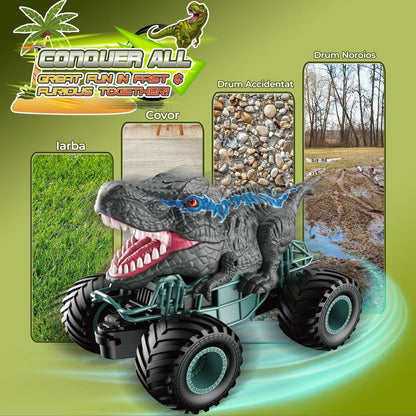 Masina cu telecomanda Dinozaur RC, Timebox cu Lumini, Sunete, Pulverizaire, 2,4Ghz, 10km/h, Offroad, 2,4Ghz 4WD, Rotire 360°, Waterproof, jucarie pentru copii 3-12 ani, 1:20, Negru/Albastru
