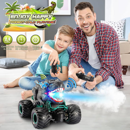 Masina cu telecomanda Dinozaur RC, Timebox cu Lumini, Sunete, Pulverizaire, 2,4Ghz, 10km/h, Offroad, 2,4Ghz 4WD, Rotire 360°, Waterproof, jucarie pentru copii 3-12 ani, 1:20, Negru/Albastru