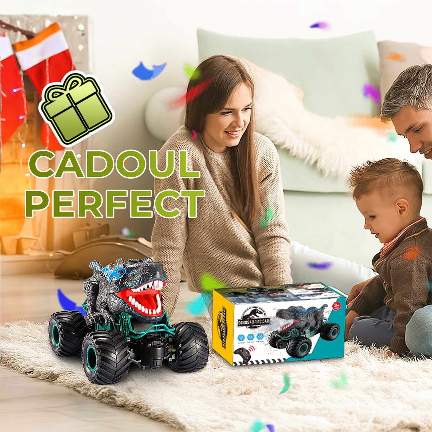 Masina cu telecomanda Dinozaur RC, Timebox cu Lumini, Sunete, Pulverizaire, 2,4Ghz, 10km/h, Offroad, 2,4Ghz 4WD, Rotire 360°, Waterproof, jucarie pentru copii 3-12 ani, 1:20, Negru/Albastru