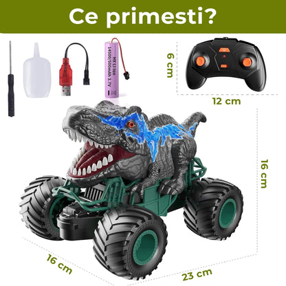 Masina cu telecomanda Dinozaur RC, Timebox cu Lumini, Sunete, Pulverizaire, 2,4Ghz, 10km/h, Offroad, 2,4Ghz 4WD, Rotire 360°, Waterproof, jucarie pentru copii 3-12 ani, 1:20, Negru/Albastru