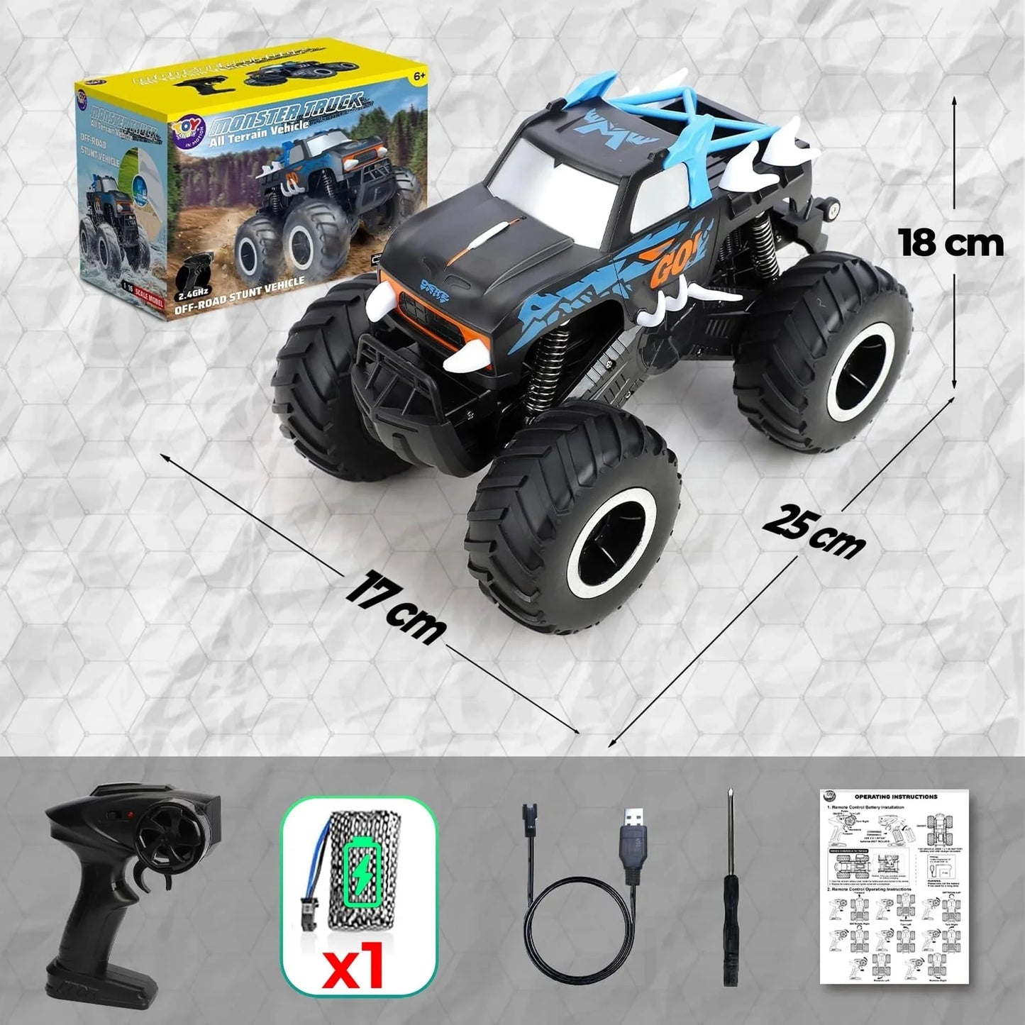 Masina cu telecomanda RC Timebox, 1:16, 4x4, Monster Truck, Negru/Albastru