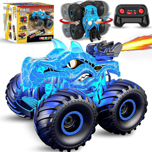 Masina cu telecomanda RC, Timebox, Dinozaur Monster Truck, 4x4, lumini LED, Pulverizare, Rotire 360°, pentru copii 3-12 ani, Albastru - 221.ro
