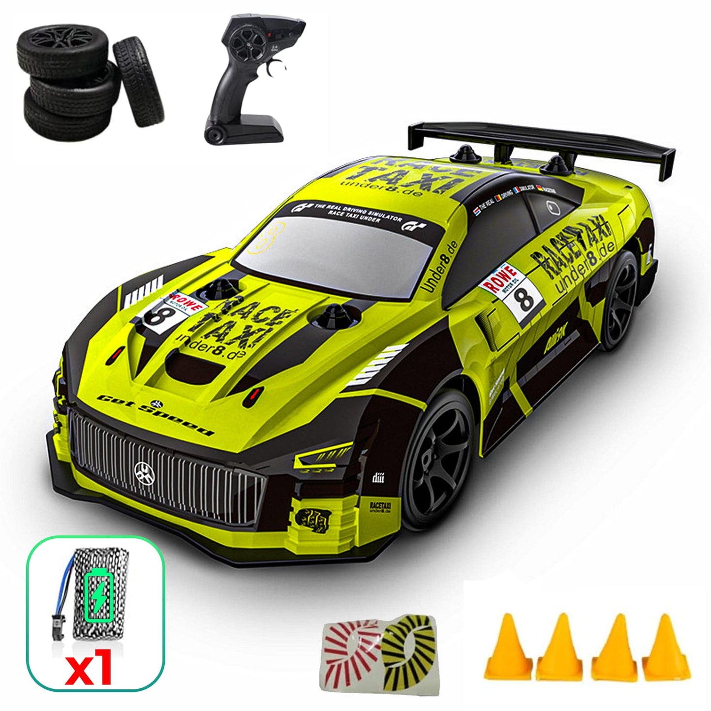 Masina cu telecomanda RC, Timebox, Drift car, 30km/h, lumini LED, cauciucuri interschimbabile, 1 baterie tip acumulator inclusa, 1:20, Pentru copii si adulti, Verde Lime