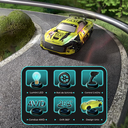 Masina cu telecomanda RC, Timebox, Drift car, 30km/h, lumini LED, cauciucuri interschimbabile, 1 baterie tip acumulator inclusa, 1:20, Pentru copii si adulti, Verde Lime