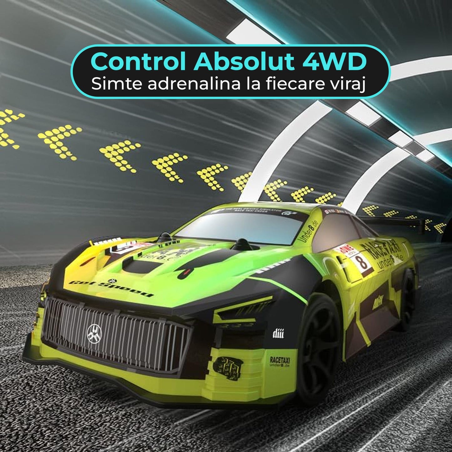 Masina cu telecomanda RC, Timebox, Drift car, 30km/h, lumini LED, cauciucuri interschimbabile, 1 baterie tip acumulator inclusa, 1:20, Pentru copii si adulti, Verde Lime