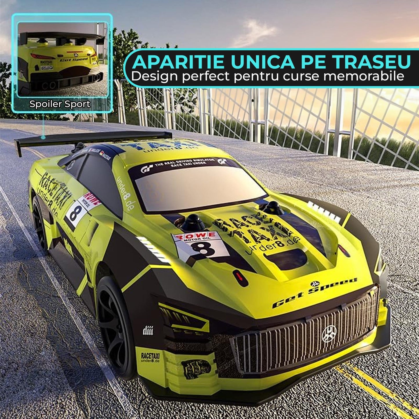 Masina cu telecomanda RC, Timebox, Drift car, 30km/h, lumini LED, cauciucuri interschimbabile, 1 baterie tip acumulator inclusa, 1:20, Pentru copii si adulti, Verde Lime