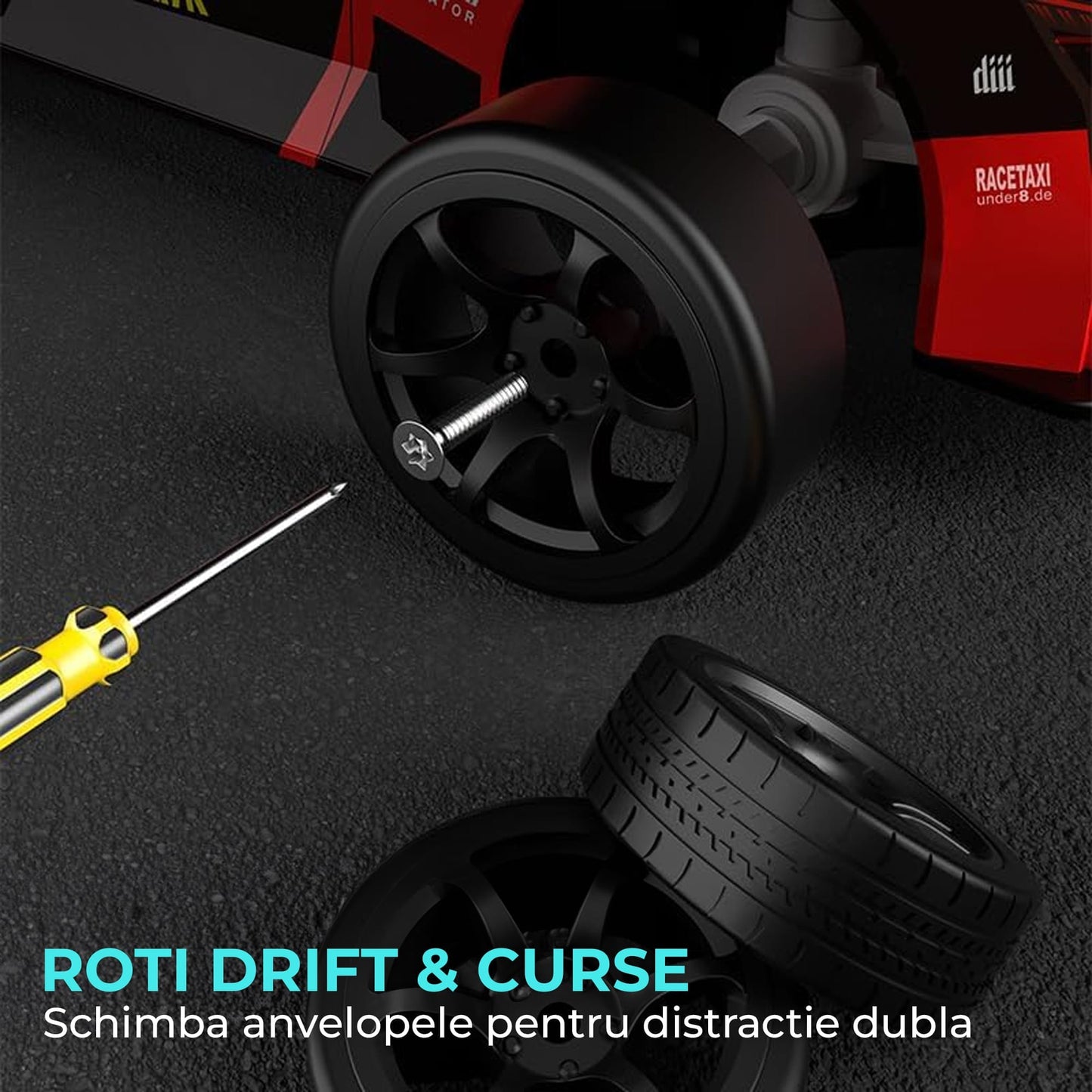 Masina cu telecomanda RC, Timebox, Drift car, 30km/h, lumini LED, cauciucuri interschimbabile, 1 baterie tip acumulator inclusa, 1:20, Pentru copii si adulti, Verde Lime