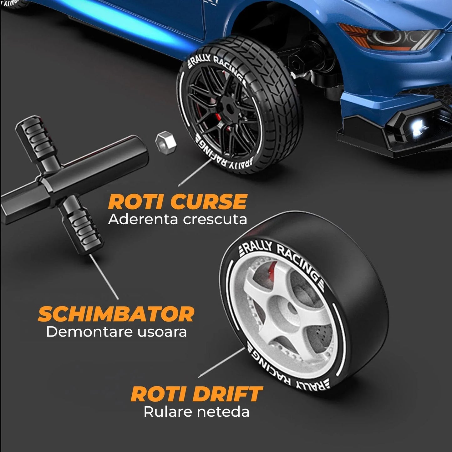 Masina cu telecomanda RC, Timebox, Drift car, 30km/h, 4x4, lumini LED, cauciucuri interschimbabile, 1 baterie tip acumulator inclusa, 1:24, Albastru - 221.ro