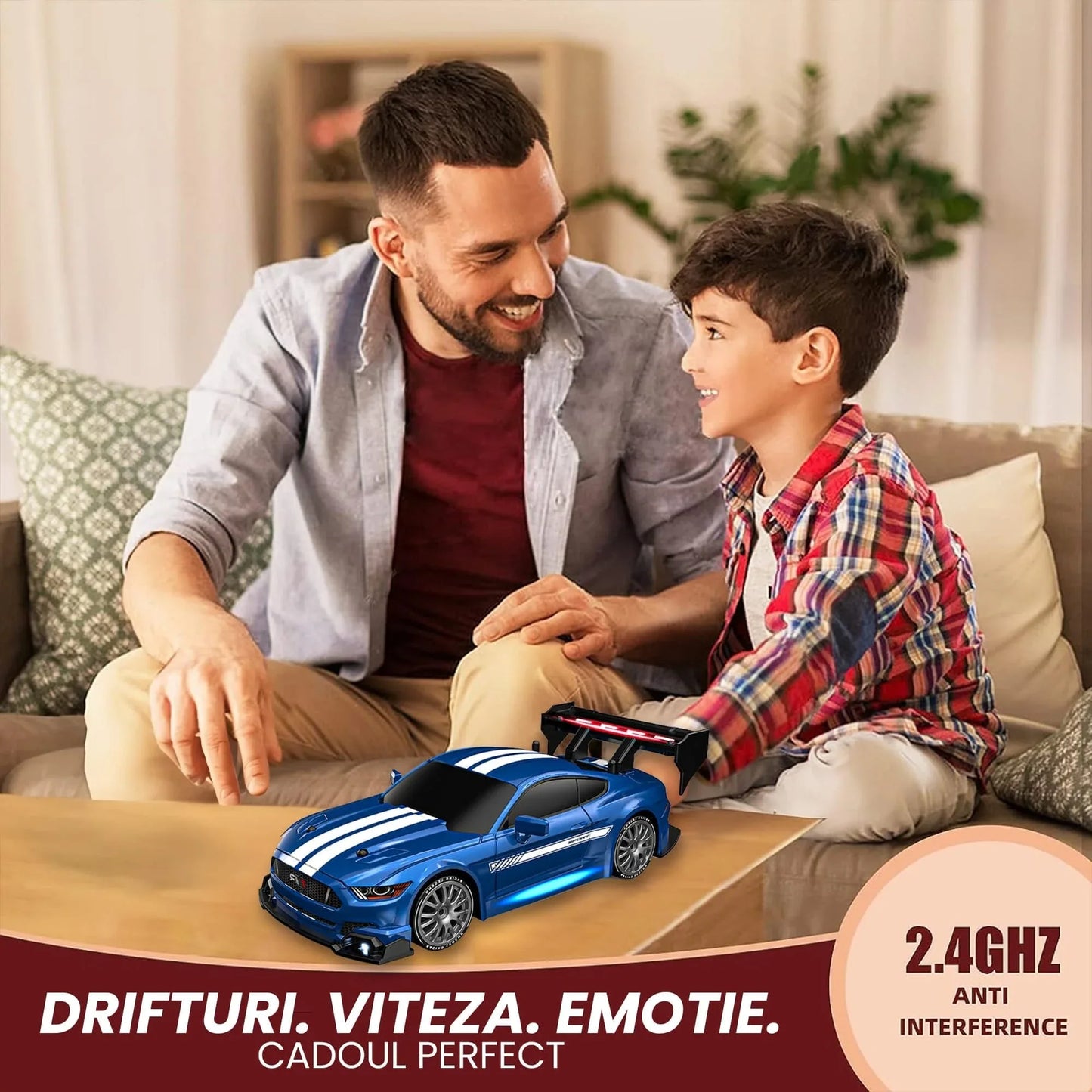 Masina cu telecomanda RC, Timebox, Drift car, 30km/h, 4x4, lumini LED, cauciucuri interschimbabile, 1 baterie tip acumulator inclusa, 1:24, Albastru - 221.ro