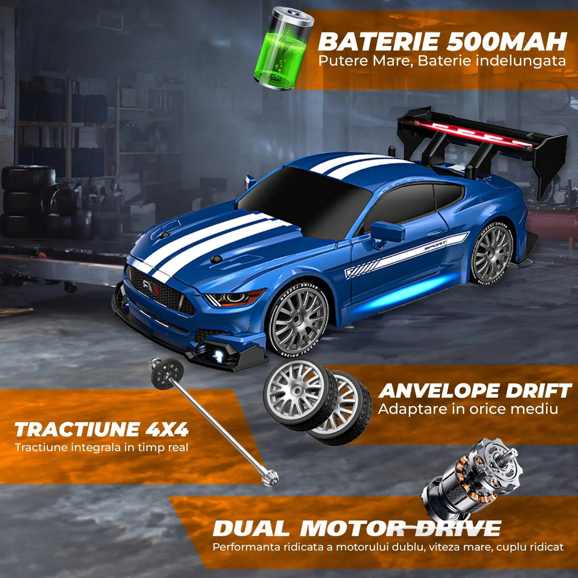 Masina cu telecomanda RC, Timebox, Drift car, 30km/h, 4x4, lumini LED, cauciucuri interschimbabile, 1 baterie tip acumulator inclusa, 1:24, Albastru - 221.ro