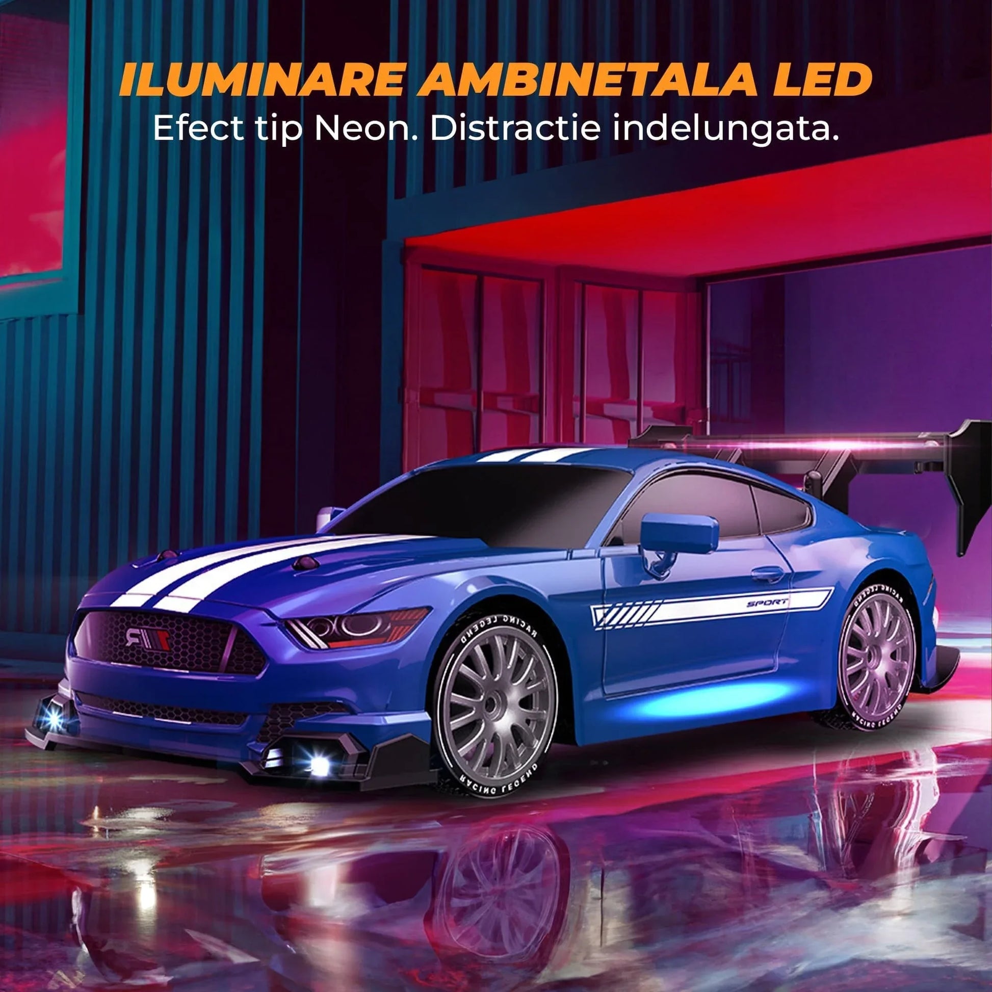 Masina cu telecomanda RC, Timebox, Drift car, 30km/h, 4x4, lumini LED, cauciucuri interschimbabile, 1 baterie tip acumulator inclusa, 1:24, Albastru - 221.ro