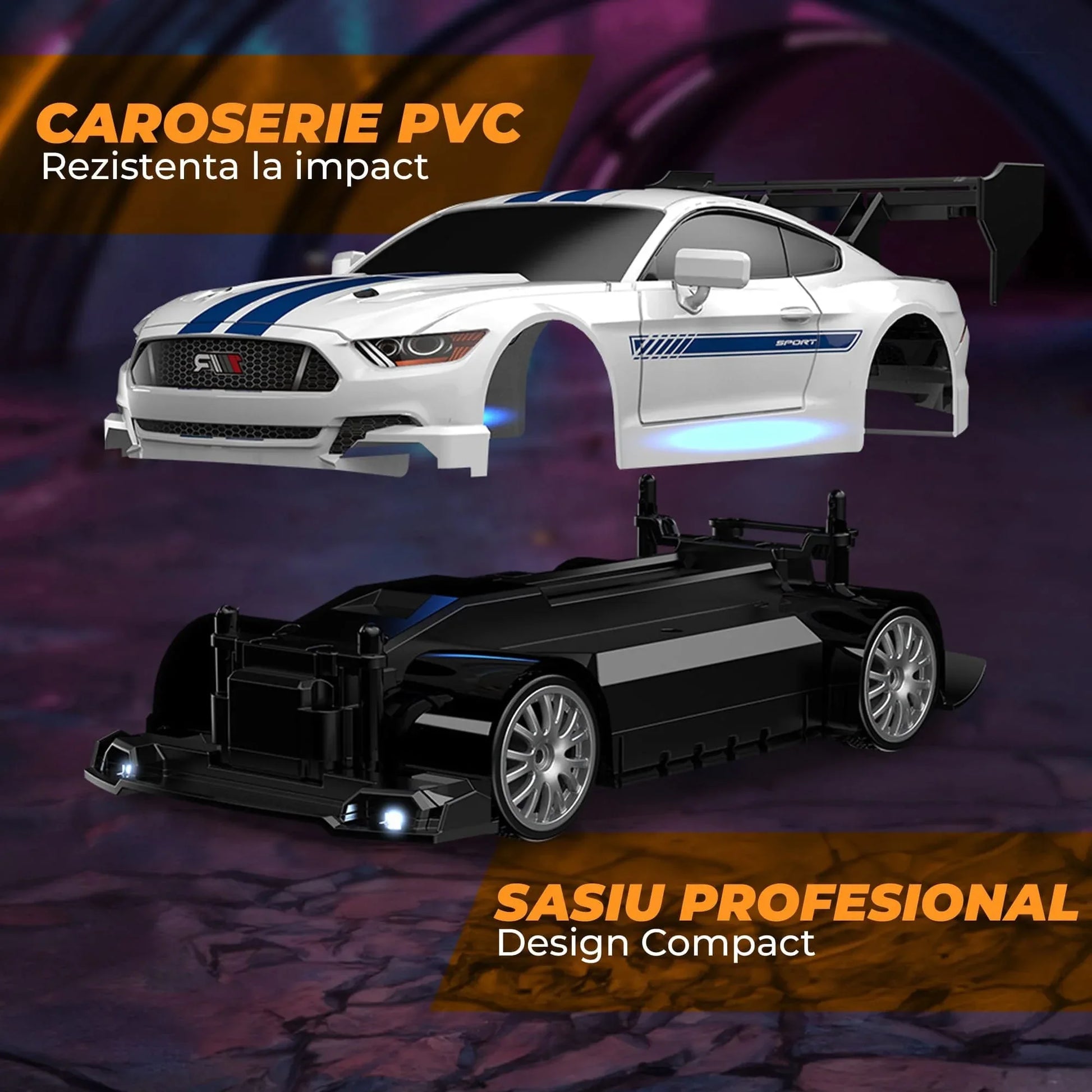 Masina cu telecomanda RC, Timebox, Drift car, 30km/h, 4x4, lumini LED, cauciucuri interschimbabile, 1 baterie tip acumulator inclusa, 1:24, Albastru - 221.ro