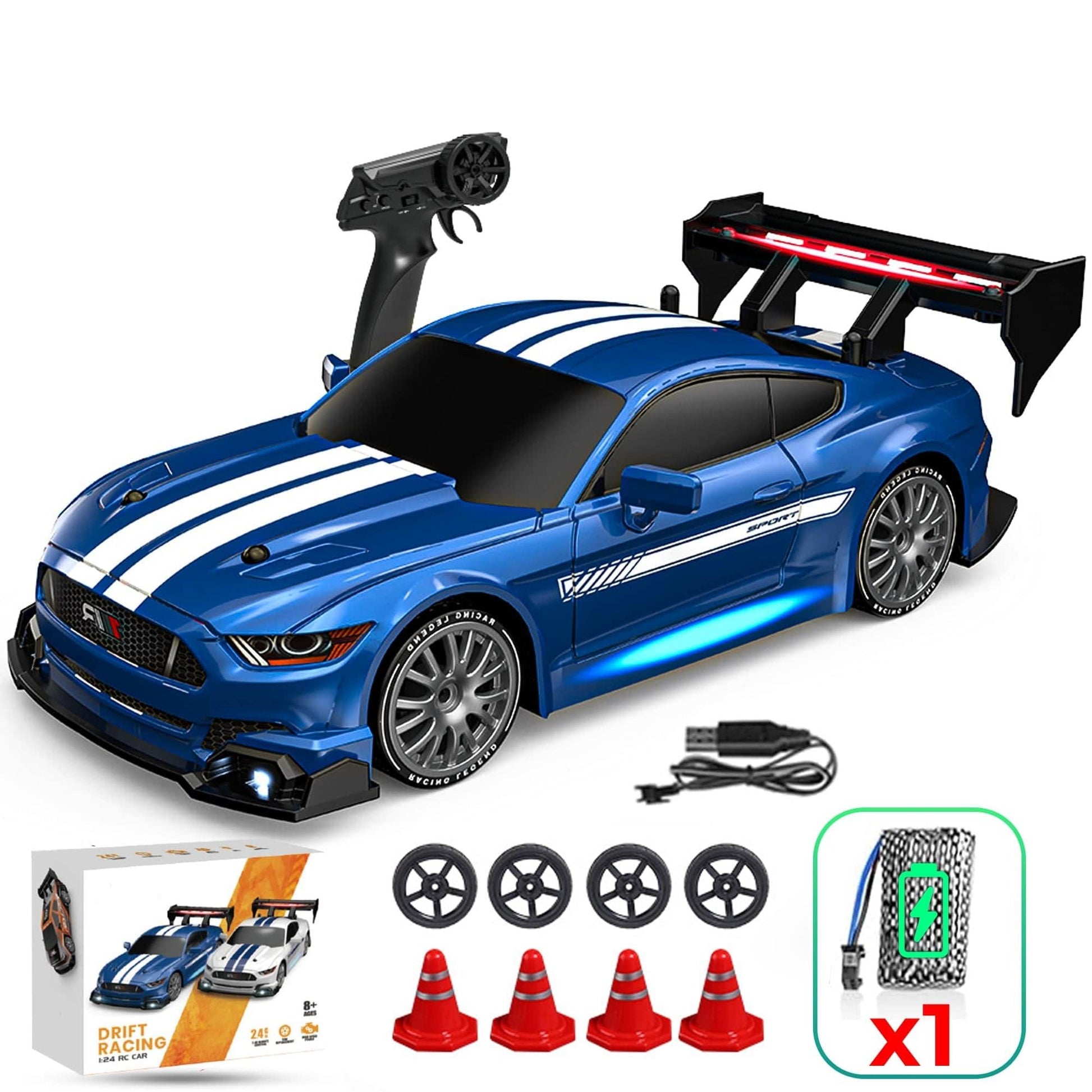 Masina cu telecomanda RC, Timebox, Drift car, 30km/h, 4x4, lumini LED, cauciucuri interschimbabile, 1 baterie tip acumulator inclusa, 1:24, Albastru - 221.ro