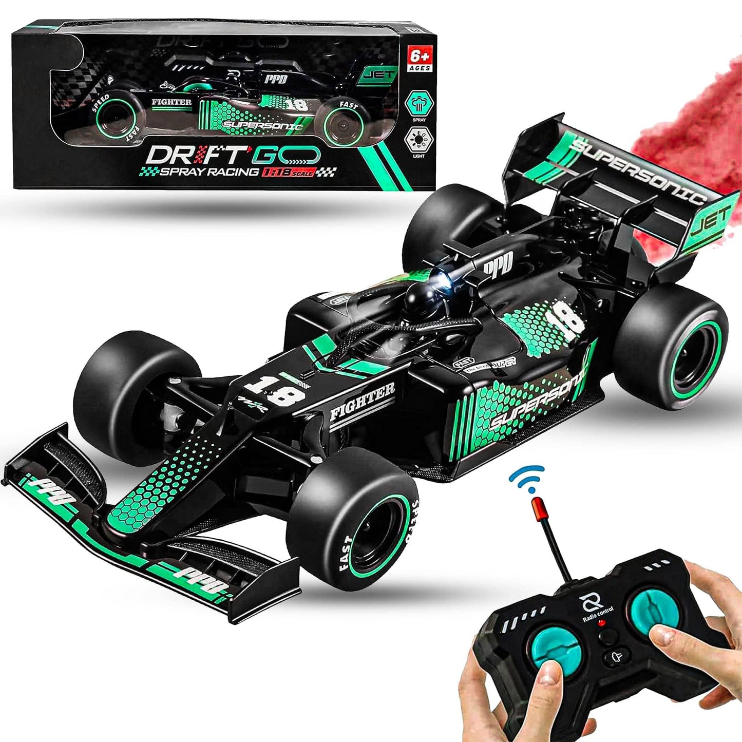 Masina cu telecomanda F1 curse RC, Timebox, Drift car, 10km/h, Lumini LED si efect pulverizare, 1:18 jucarie pentru copii 6-13 ani, Negru/Albastru - 221.ro