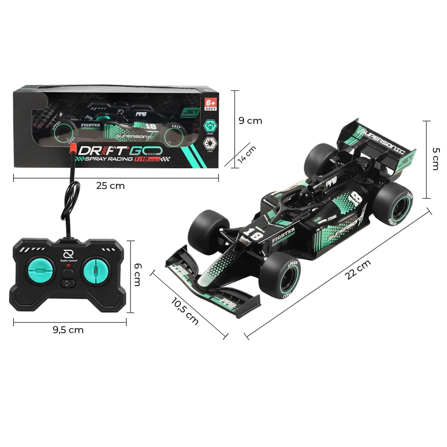 Masina cu telecomanda F1 curse RC, Timebox, Drift car, 10km/h, Lumini LED si efect pulverizare, 1:18 jucarie pentru copii 6-13 ani, Negru/Albastru - 221.ro