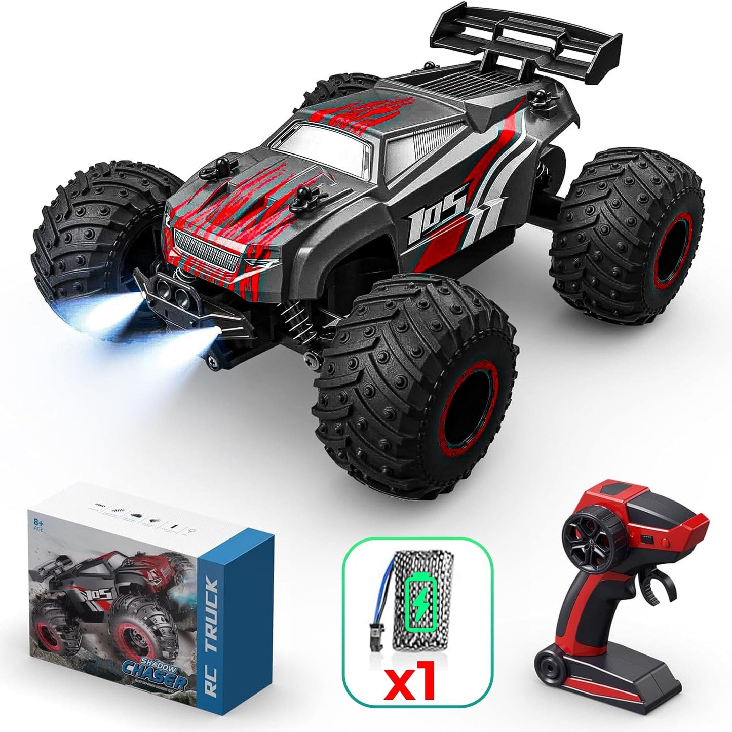 Masina cu telecomanda RC Off-Road Monster Truck, Timebox, 20 km/h, 4WD, Lumini LED, Carcasa Iluminata, 1 baterie tip acumulator inclusa, Pentru curse, copii, Negru/Rosu - 221.ro